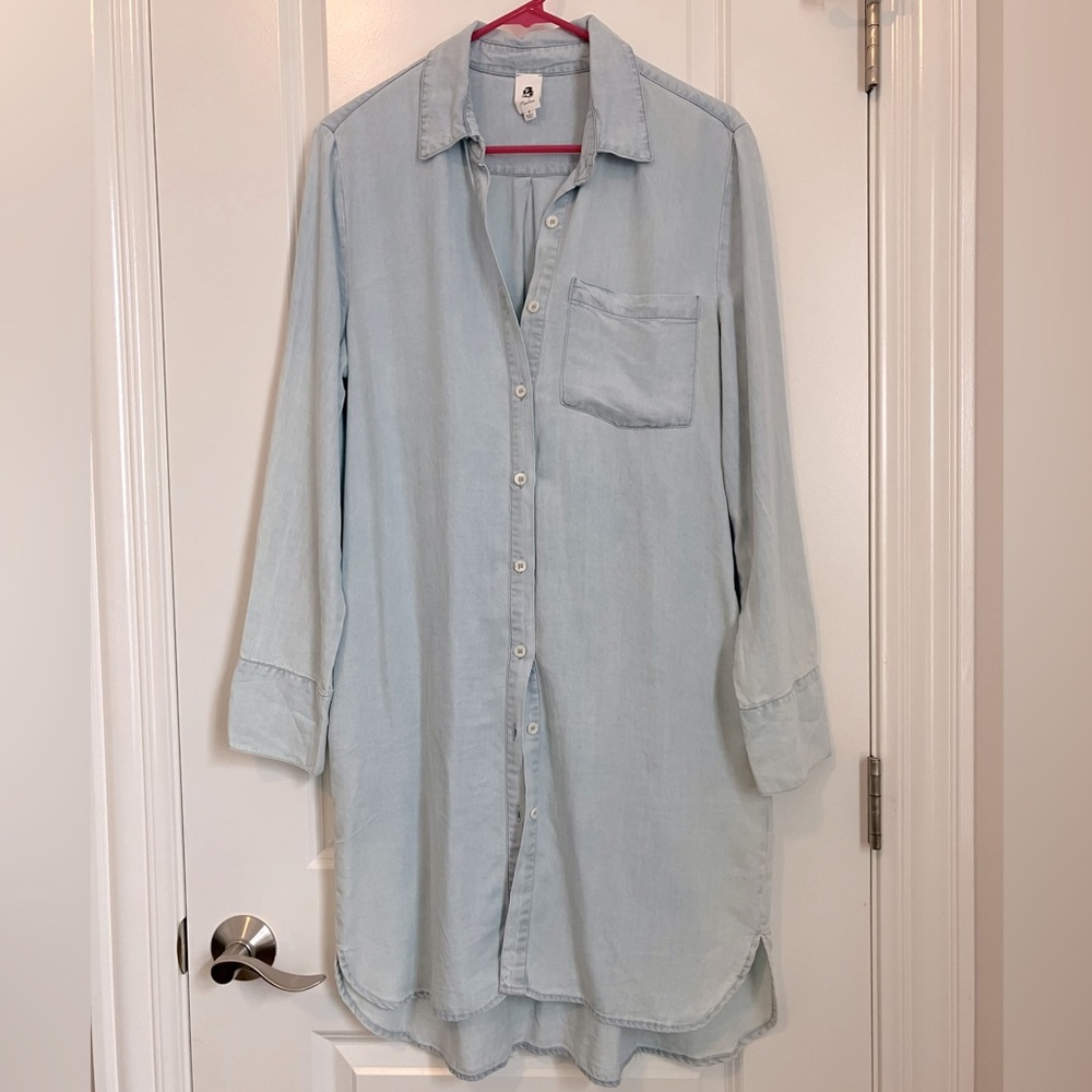 Light wash denim shirt dress small soft pockets 3/4 sleeves VICI